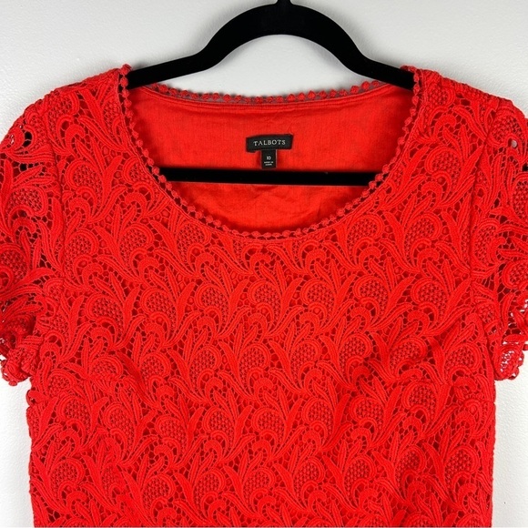 Talbots Lace Crochet Pom Cotton Short Sleeve Top Size 10 Vermilion - Picture 3 of 14